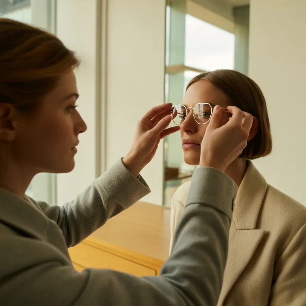 Optician fitting glasses frames on a patient during a dispensing consultation