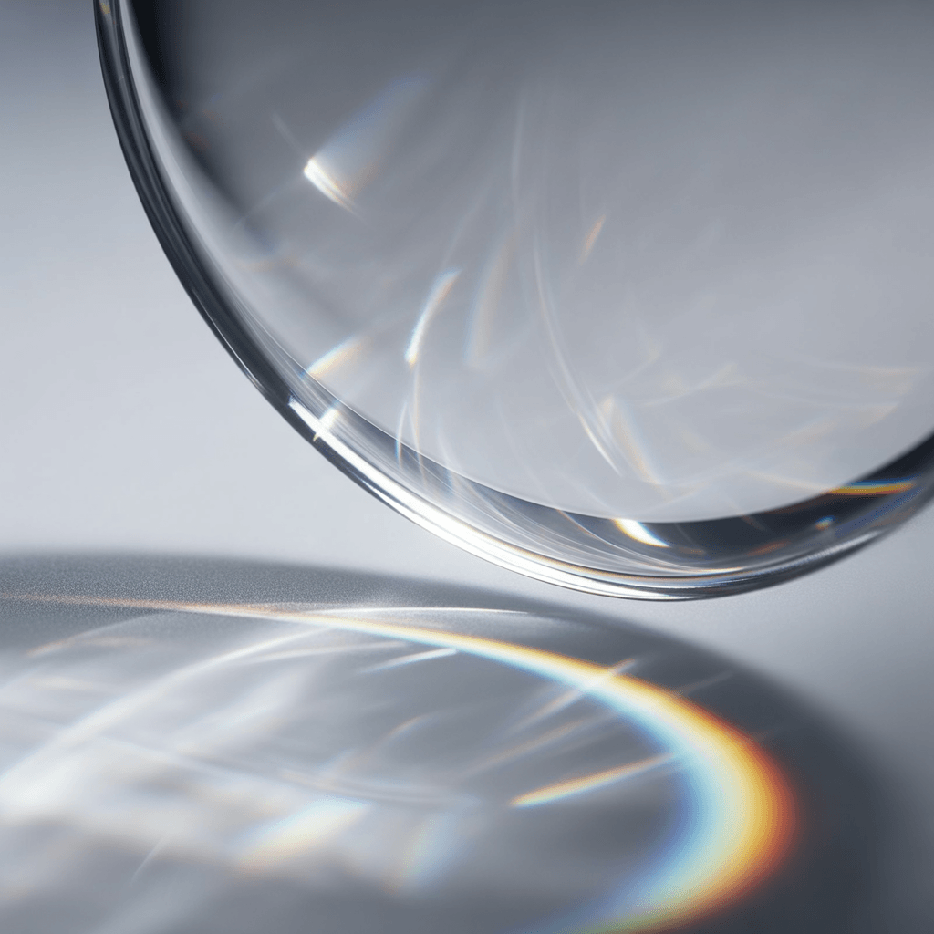 Close-up photograph of an optical lens showing chromatic aberration — visible colour fringing at the lens edge where white light separates into its component colours, producing a faint rainbow halo against a white background.