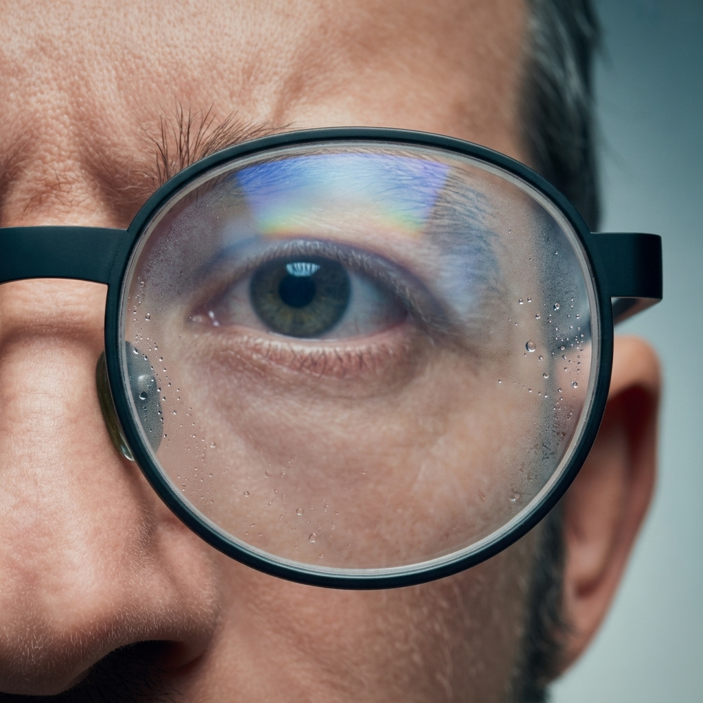 Close-up of a man wearing eyeglasses with a visibly degraded lens coating — rainbow iridescence, cloudy surface haze and moisture droplets on the lens indicating cheap anti-reflective coating failure on a budget hi-index ophthalmic lens.