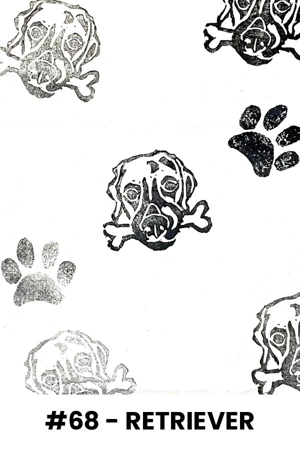 Pattern of dog faces and paws with the text '#68 - RETRIEVER' at the bottom.