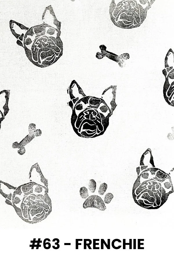 Pattern with French Bulldog faces, bones, and paw prints, labeled #63 - FRENCHIE.