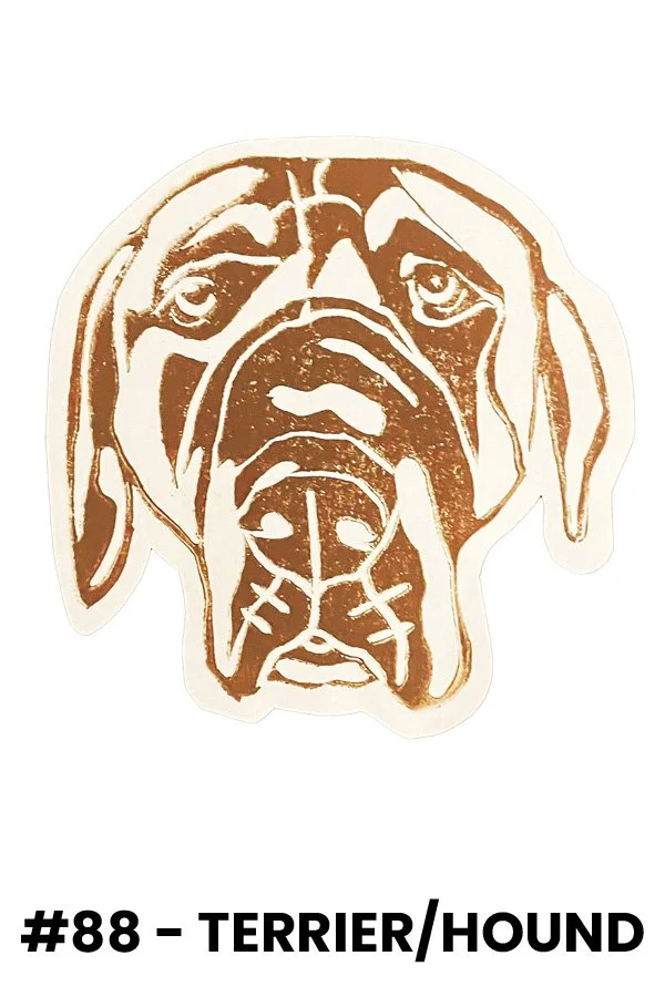 A stylized brown and white illustration of a dog's face, labeled #88 - Terrier/Hound.