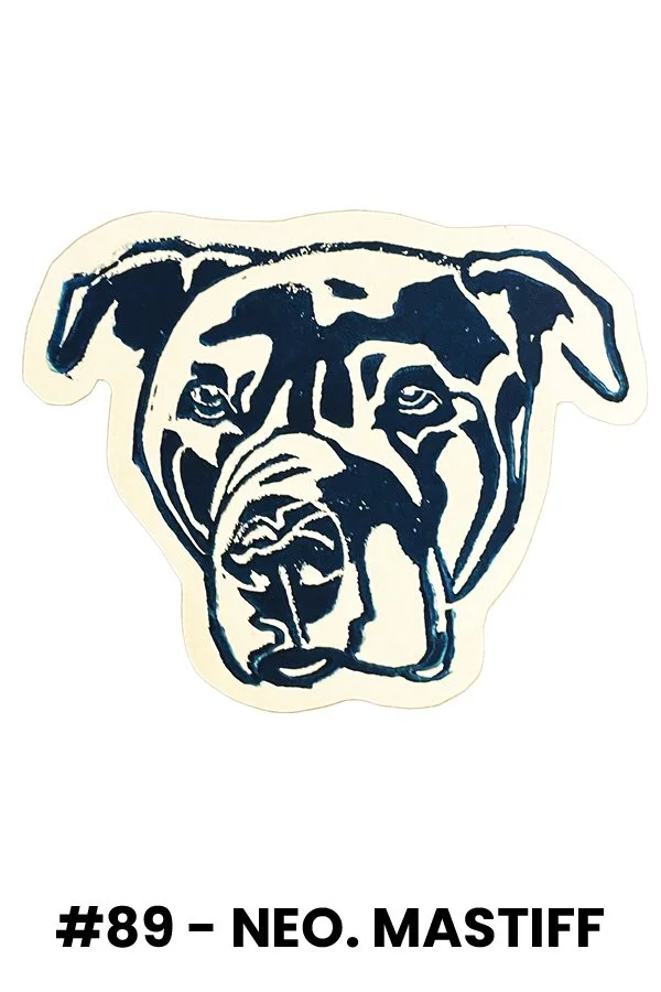 A stylized black and white illustration of a dog's face, specifically a mastiff, with the text '#89 - NEO. MASTIFF' underneath.