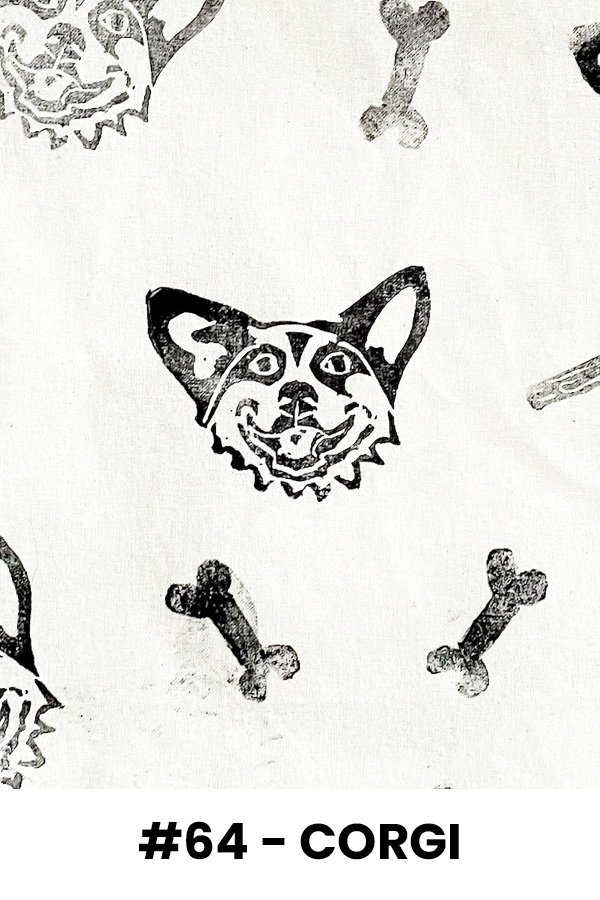 Black and white illustration of a dog's face with a smiling expression, surrounded by dog bones, on a light background. Text at the bottom reads "#64 - CORGI."