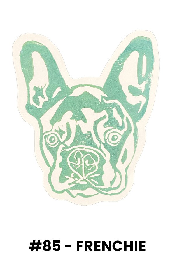 Line drawing of a French Bulldog's face in mint green with the text '#85 - FRENCHIE' underneath.