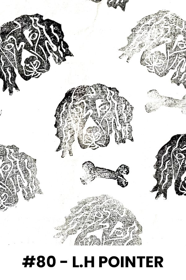 Black and white illustration of dog heads with intricate line patterns and a bone in the center.