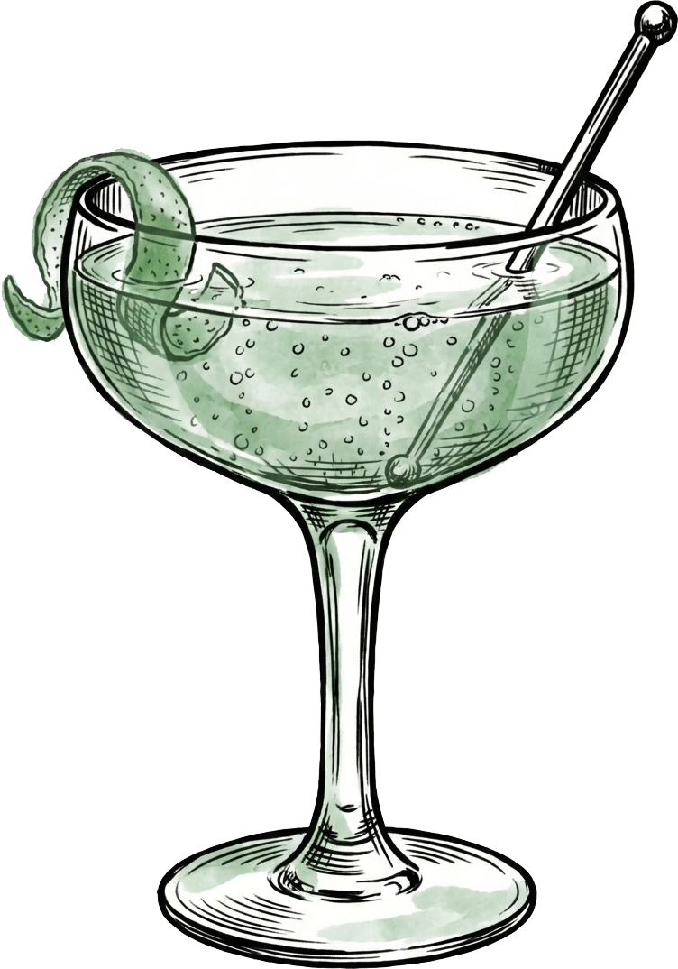A sketch of a cocktail glass filled with a clear beverage, garnished with a lemon or lime peel, and a stir stick inside.