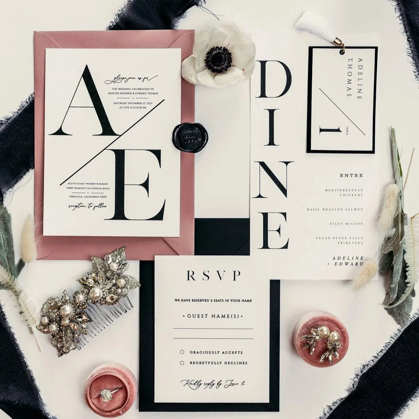 Wedding invitation suite flat lay with stationery and styling from South Coast Winery fall wedding editorial