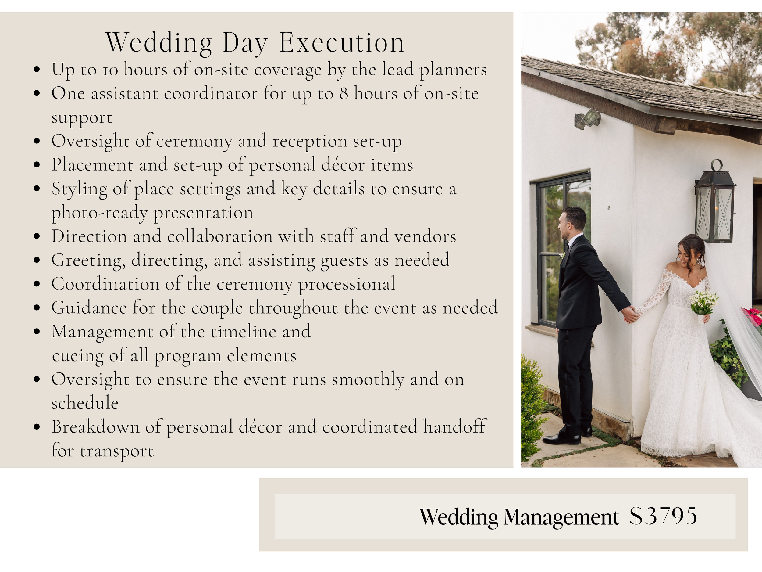 A wedding planning brochure with a list of services on the left and a photo of a bride and groom holding hands outside a building on the right.