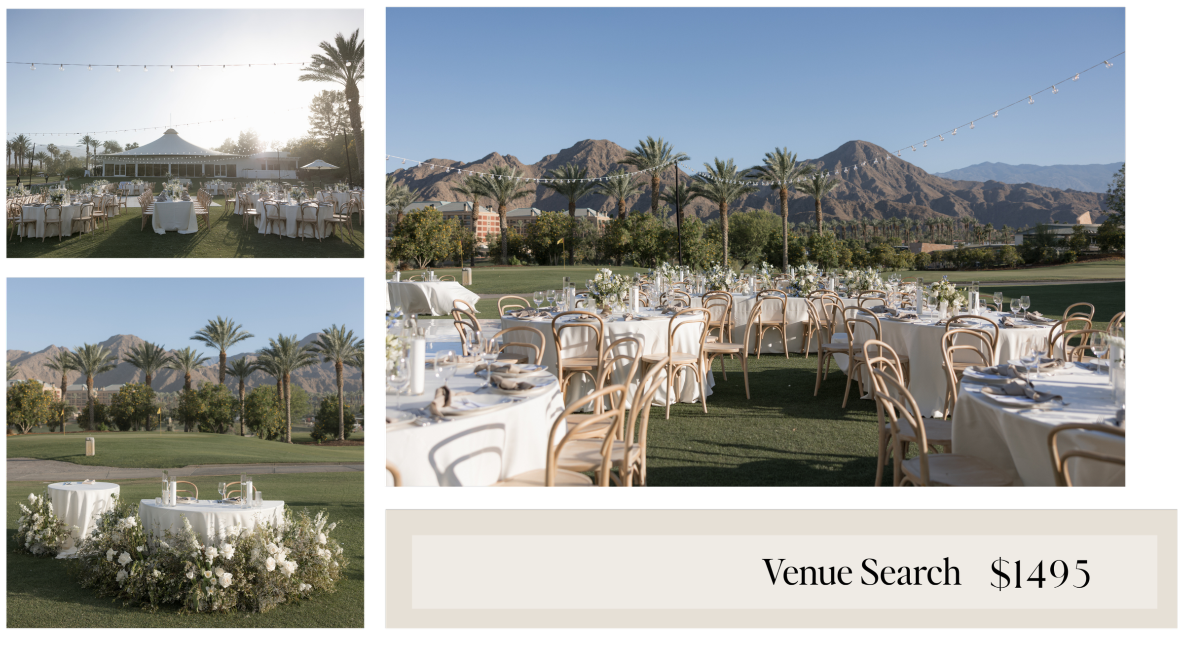 Outdoor wedding venue set up with round tables and chairs, decorated with white tablecloths and floral centerpieces, mountains in the background, with a palm tree-lined landscape and string lights overhead.