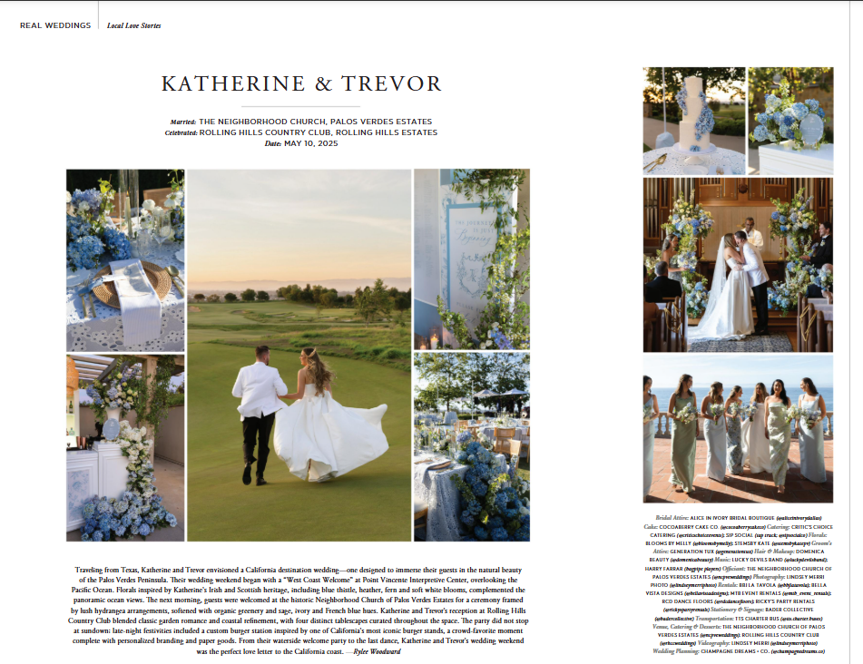 California Wedding Day magazine feature of a Palos Verdes wedding planned and designed by Champagne Dreams + Co.