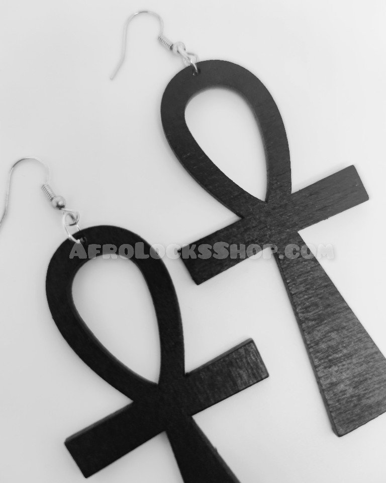 Boucles d'oreilles croix de ankh en bois noir pas cher mode africaine  symbole religion kemet egypte — Afro Locks Shop