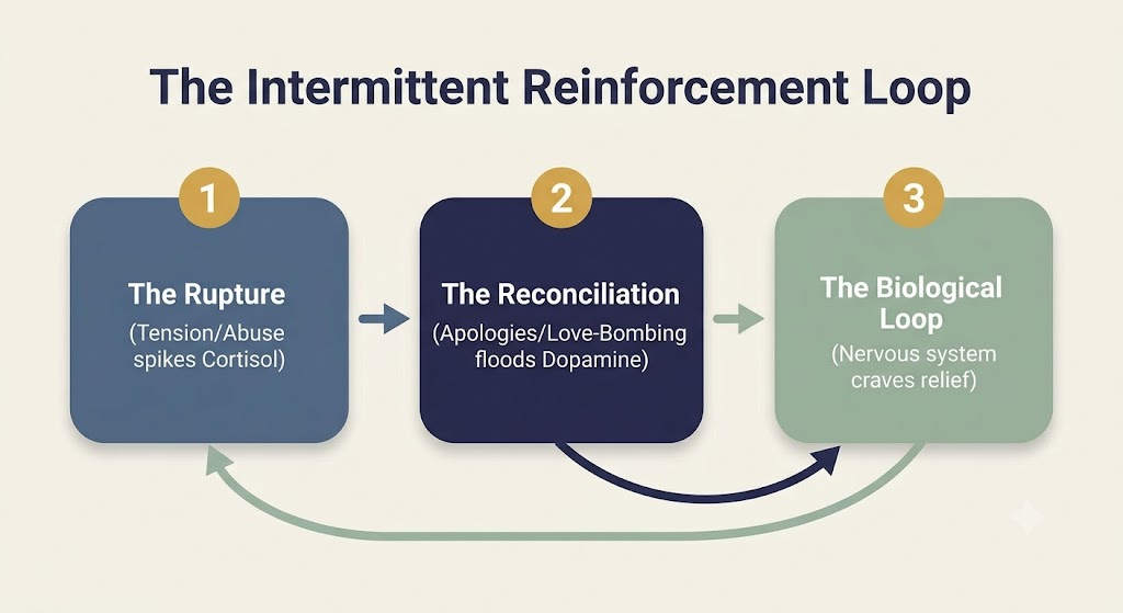 Infographic diagram explaining the neurobiological loop of intermittent reinforcement, cortisol stress spikes, and dopamine relief.