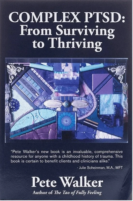 Book cover titled "Complex PTSD: From Surviving to Thriving" by Pete Walker with a colorful abstract mosaic artwork in the background.