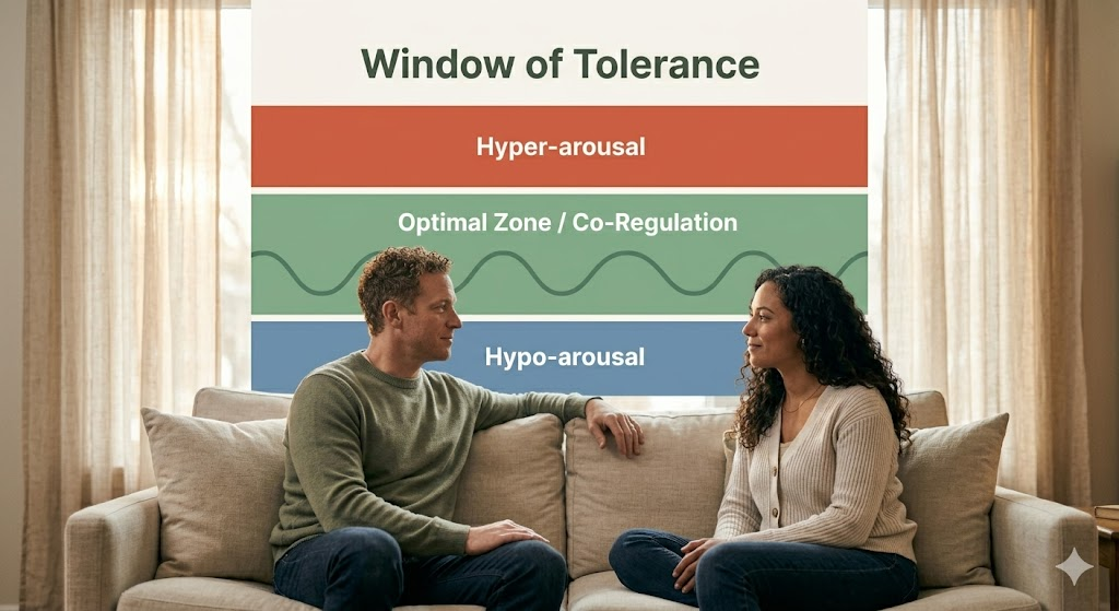 A chart illustrating the Window of Tolerance for couples, showing the zones of Hyper-arousal (Fight/Flight), the Optimal Zone (Co-Regulation), and Hypo-arousal (Shutdown).