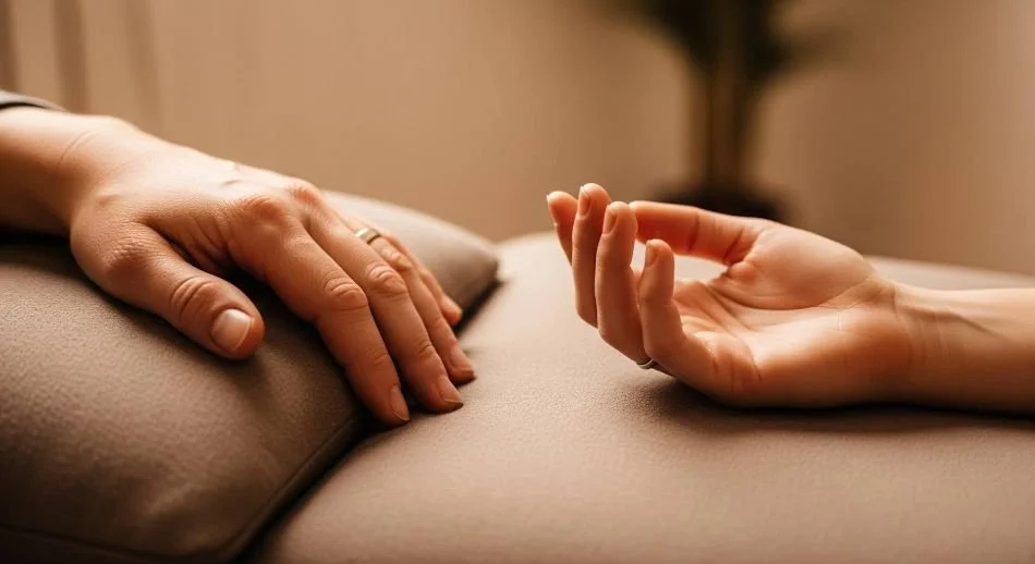 Close-up of hands in a therapeutic setting, symbolizing the safety and grounding found in somatic trauma therapy.