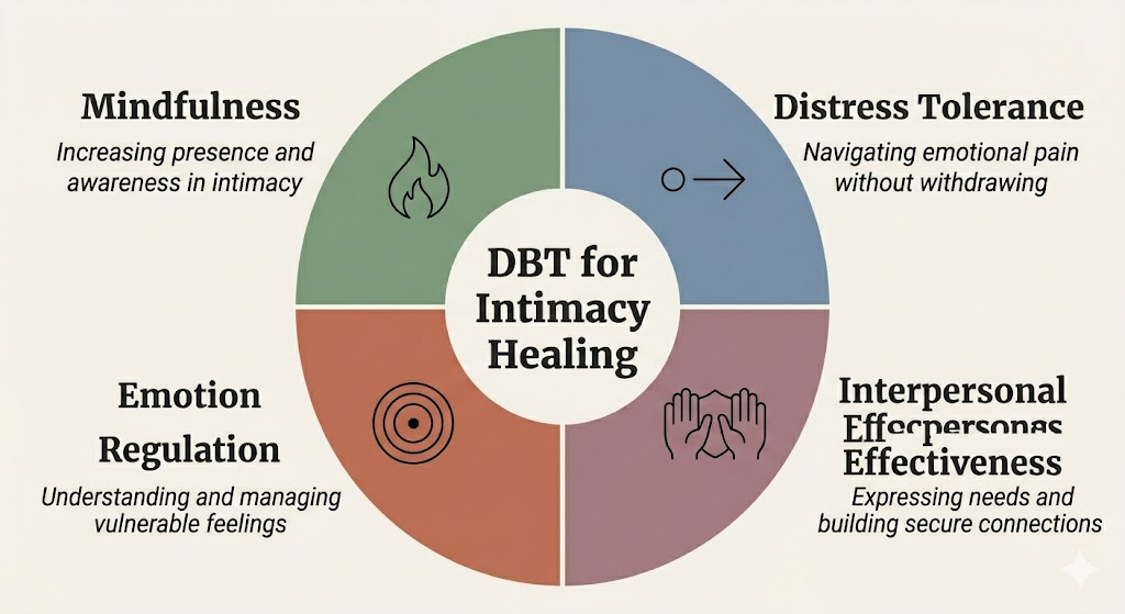Diagram of the four DBT skill areas applied to trauma and intimacy healing: Mindfulness, Distress Tolerance, Emotion Regulation, and Interpersonal Effectiveness, used in sex therapy at Whole Wellness Therapy