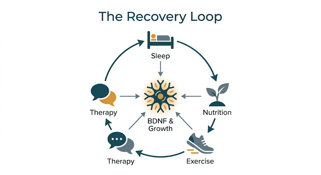 A circular infographic showing how sleep, nutrition, exercise, and therapy trigger BDNF and neurogenesis for depression recovery.