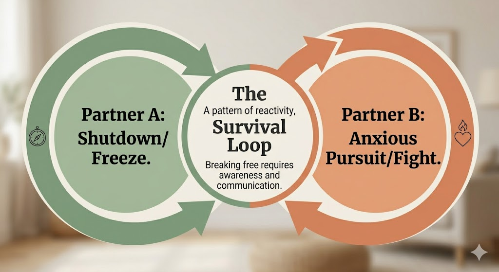 An infographic showing the interlocking cycle of C-PTSD triggers: Partner A's emotional shutdown leading to Partner B's anxious pursuit.