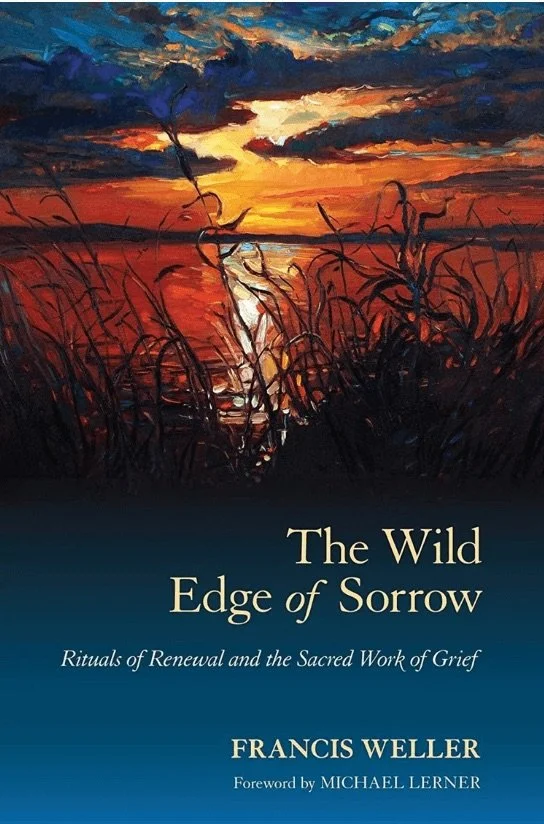 Book cover titled "The Wild Edge of Sorrow" by Francis Weller, featuring an artwork of a sunset over water with tall grass in the foreground.