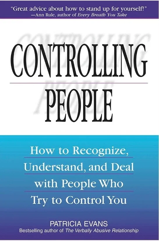 Book cover titled 'Controlling People' by Patricia Evans, with a subtitle about recognizing and dealing with manipulative people, and a quote at the top about standing up for yourself.