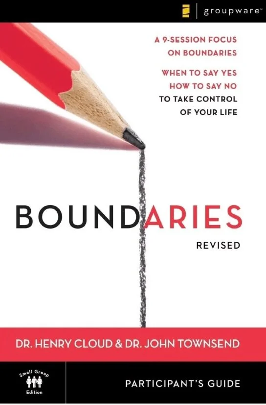 Cover of the book titled "Boundaries Revised" by Dr. Henry Cloud and Dr. John Townsend, featuring a red pencil and a pink pencil drawing a boundary line and a smaller black line.