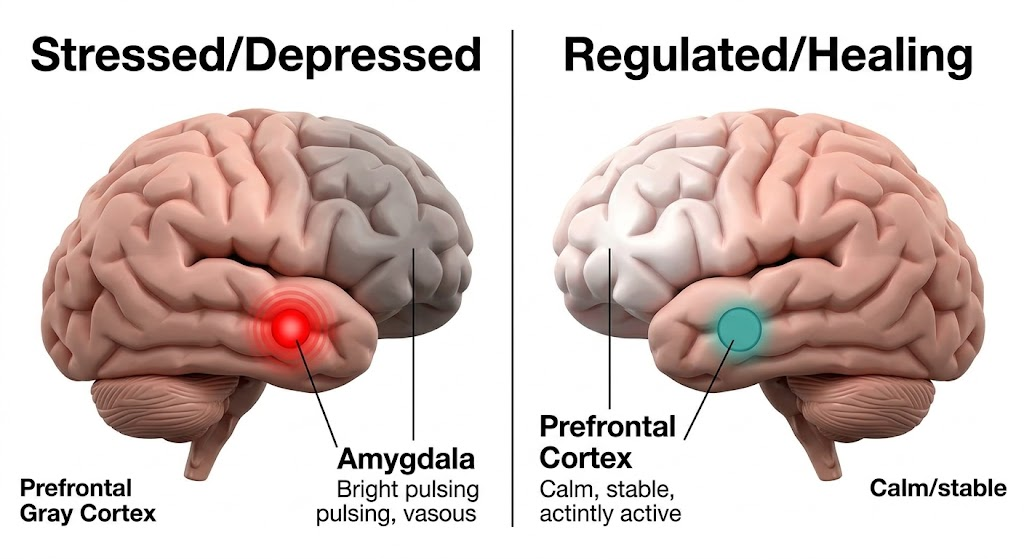 A comparison diagram showing a 'Depressed Brain' with high amygdala activity and low PFC activity versus a 'Healing Brain' with balanced neural activity.