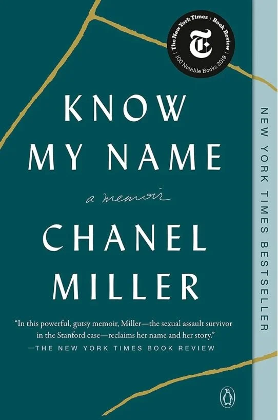 Cover of the book titled 'Know My Name: A Memoir' by Chanel Miller. The cover is teal with gold lines and white text. There is a New York Times Book Review badge on the top right corner.
