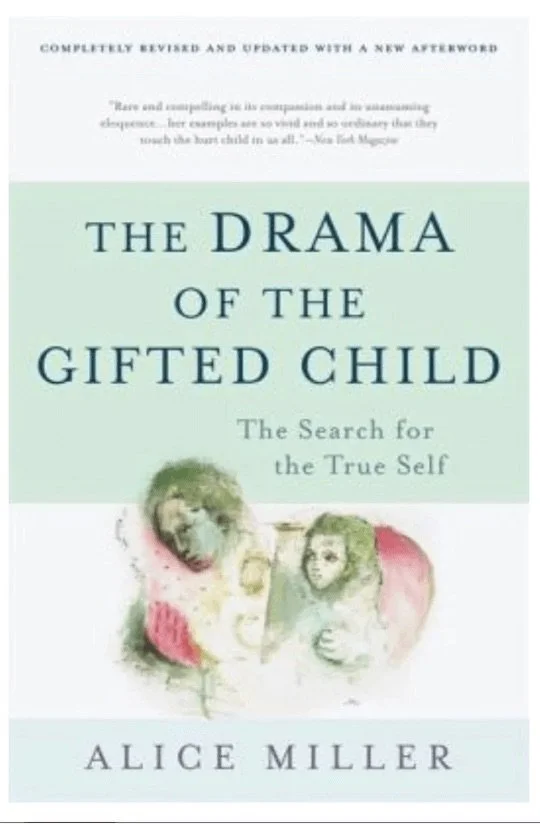 Book cover titled 'The Drama of the Gifted Child' by Alice Miller, featuring a watercolor illustration of two children with soft colors and gentle expressions.