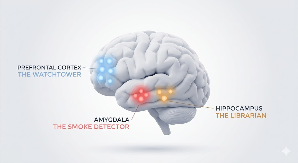 A diagram of the human brain highlighting the amygdala as the smoke detector, the prefrontal cortex as the watchtower, and the hippocampus as the librarian.