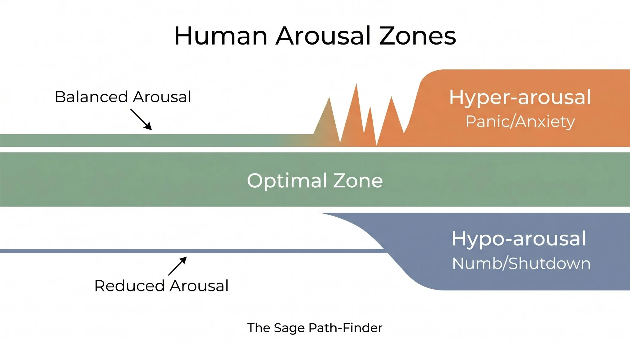 An infographic chart showing the Window of Tolerance, illustrating the zones of hyper-arousal (panic), the optimal zone (calm), and hypo-arousal (shutdown).