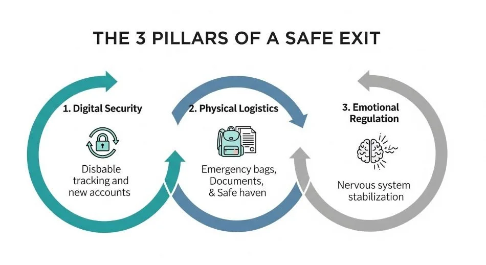 Infographic outlining the three pillars of a domestic violence safety plan: Digital Security, Physical Logistics, and Emotional Regulation.