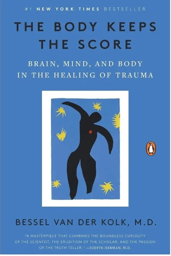 The cover of a book titled "The Body Keeps the Score" by Bessel van der Kolk, M.D., featuring an abstract illustration of a human figure with a red heart and yellow starburst shapes on a blue background.