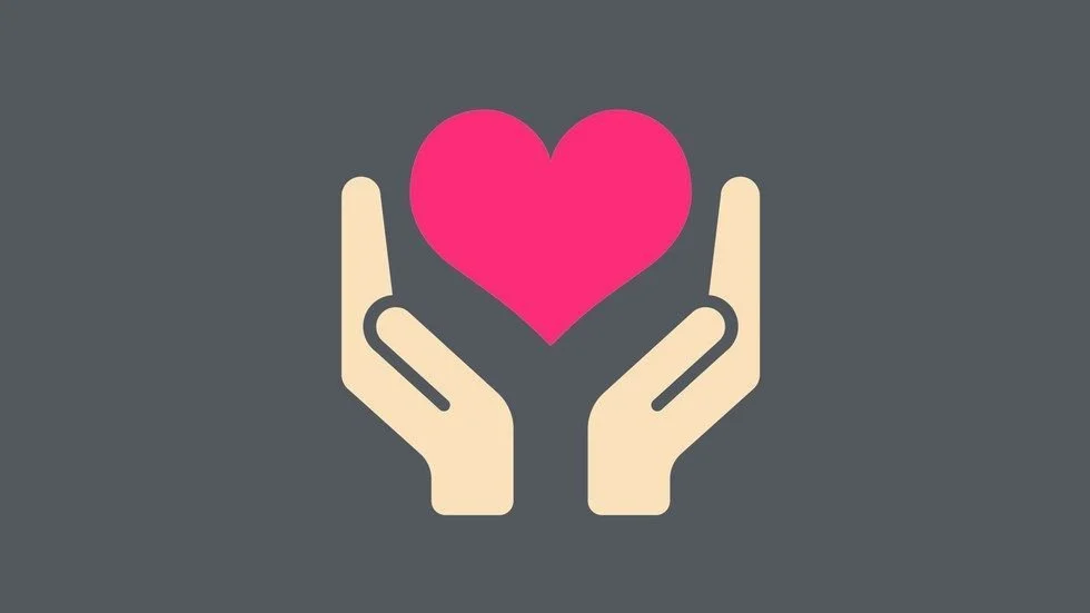Illustration of two hands holding a pink heart on a gray background.