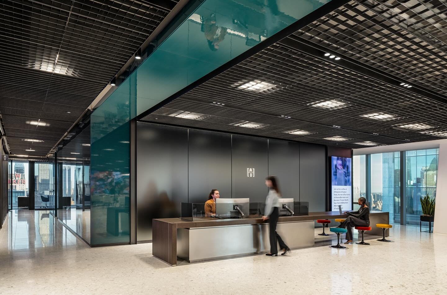 For June we featured one of our recently completed projects, AB NY office at Hudson yards. Two of our products are strategically showcased in the space.

Our etched glass adds sophistication and a sense of depth to the reception area, while our subtl