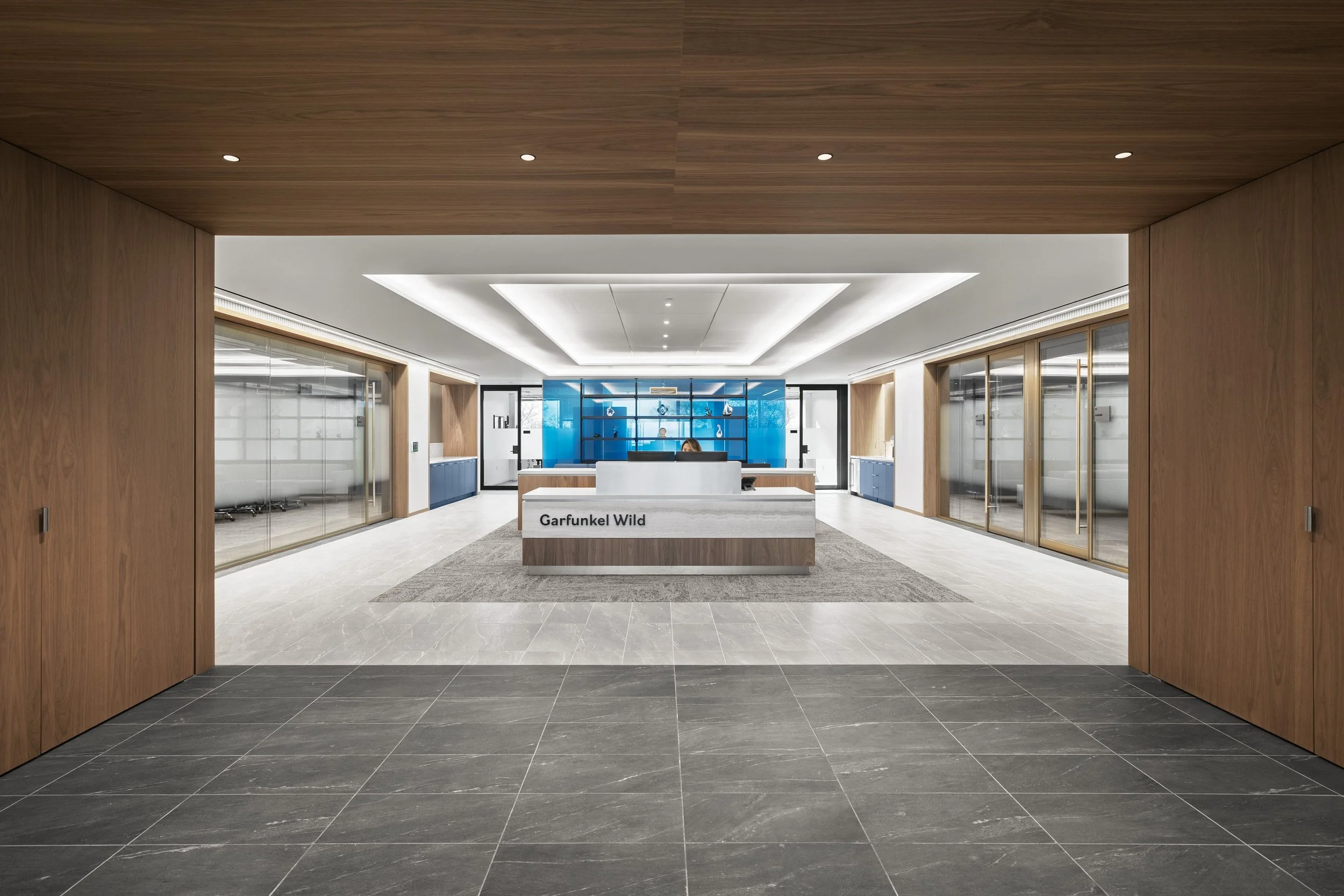 Partnering with TPG Architecture, we created a custom glass feature for Garfunkel Wild inspired by the company&rsquo;s recognizable brand colors.

Represented through our transparent glass, the brand's blue creates a pop of color to the reception are