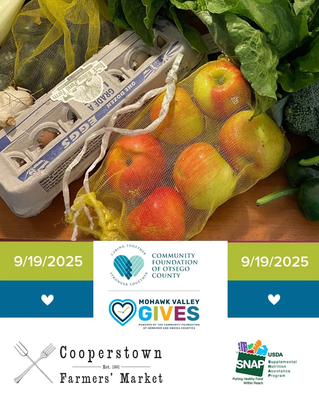 Help food-insecure neighbors purchase local food from the Cooperstown Farmers' Market, with your donation through Mohawk Valley Gives. 

SNAP is welcome at the Cooperstown Farmers' Market and two matching programs mean a $20 SNAP spend results in $60