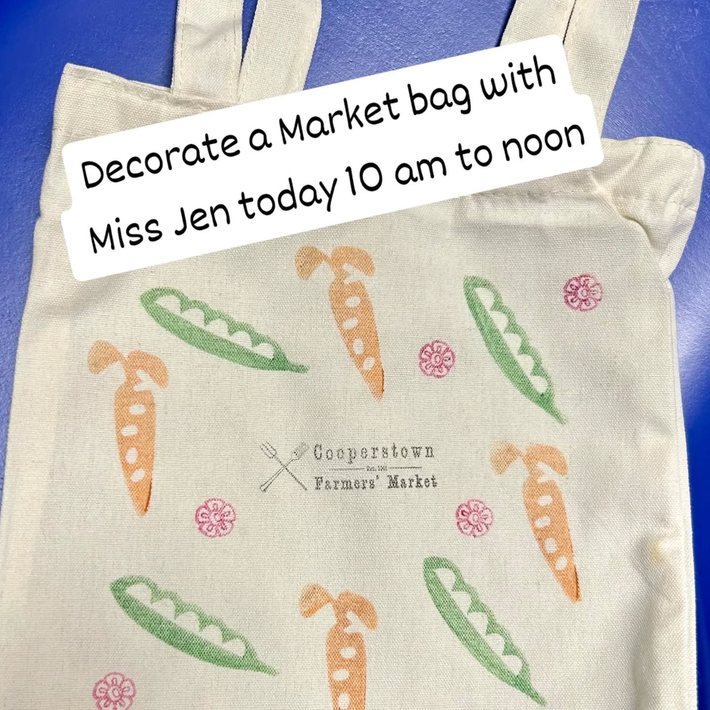 It's the first Saturday of the month so Miss Jen is here with a fun and free kids' craft. Decorate a reusable Market bag and take it home.

#cooperstownfarmersmarket #farmersmarket #kidscrafts #makeandtake