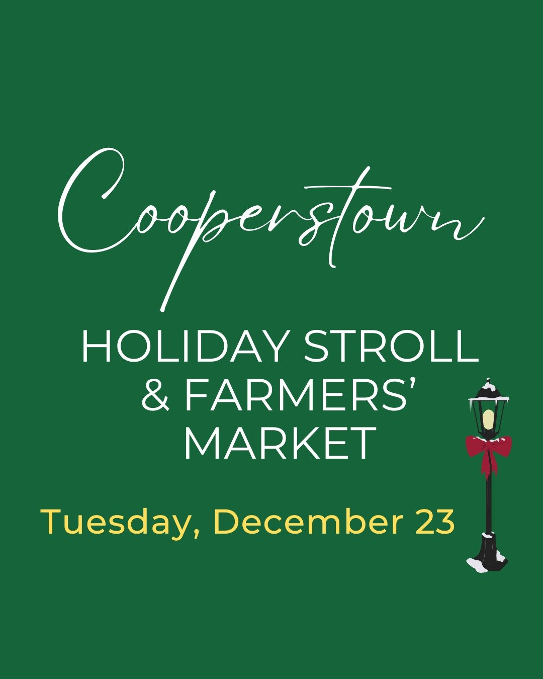 Join in the fun and festivities on Tuesday, December 23, when there will be a special Holiday Farmers' Market (4 pm to 7 pm) and many local shops will be staying open late for all your shopping needs. 

The Farmers' Market will have 23 local farmers 