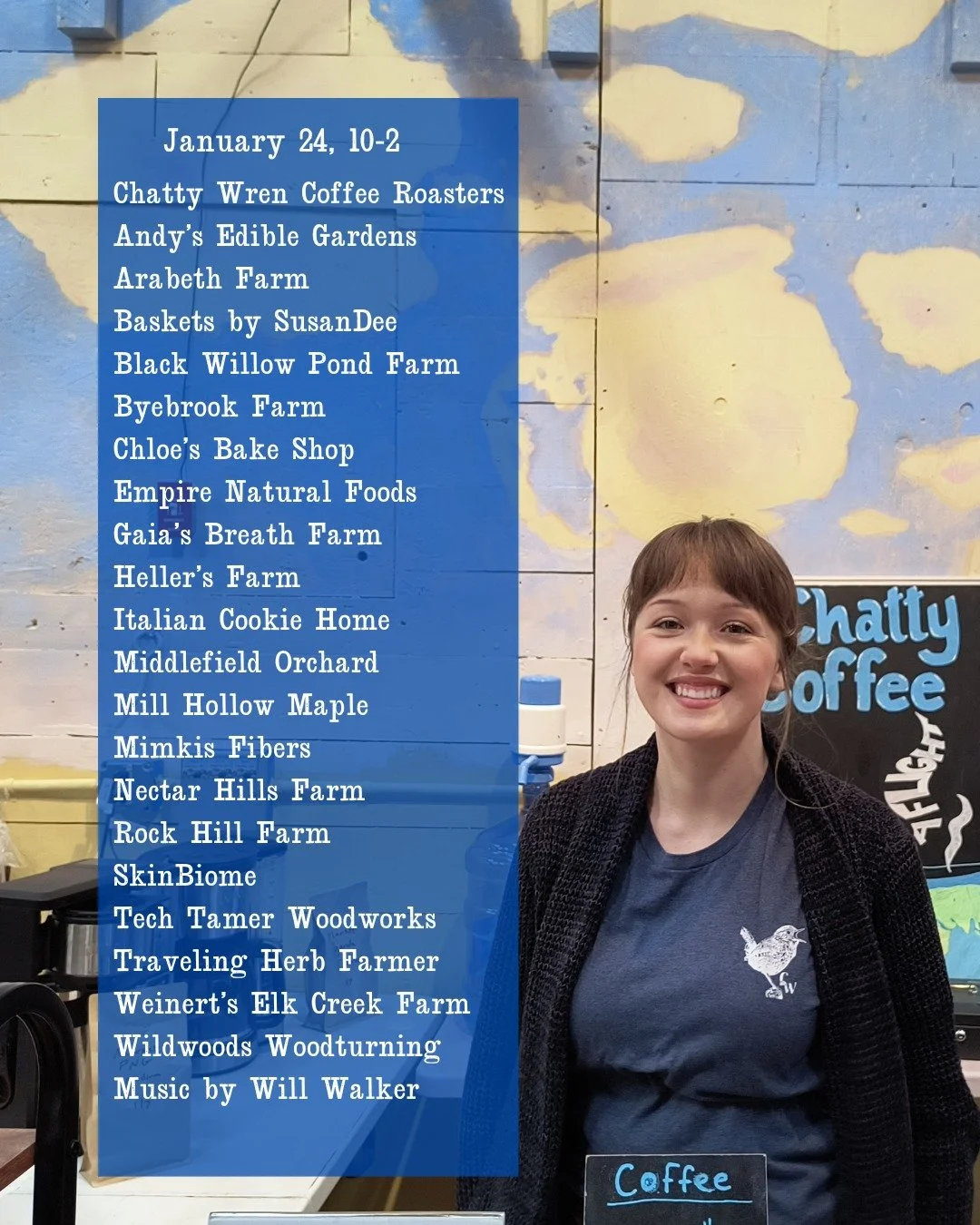 Come to the Market Saturday, January 24, we have a great line-up of local farmers, makers, artisans, and bakers, including Chatty Wren Coffee Roasters!

#shoplocal #cooperstownfarmersmarket #openyearround #farmersmarket #coffee