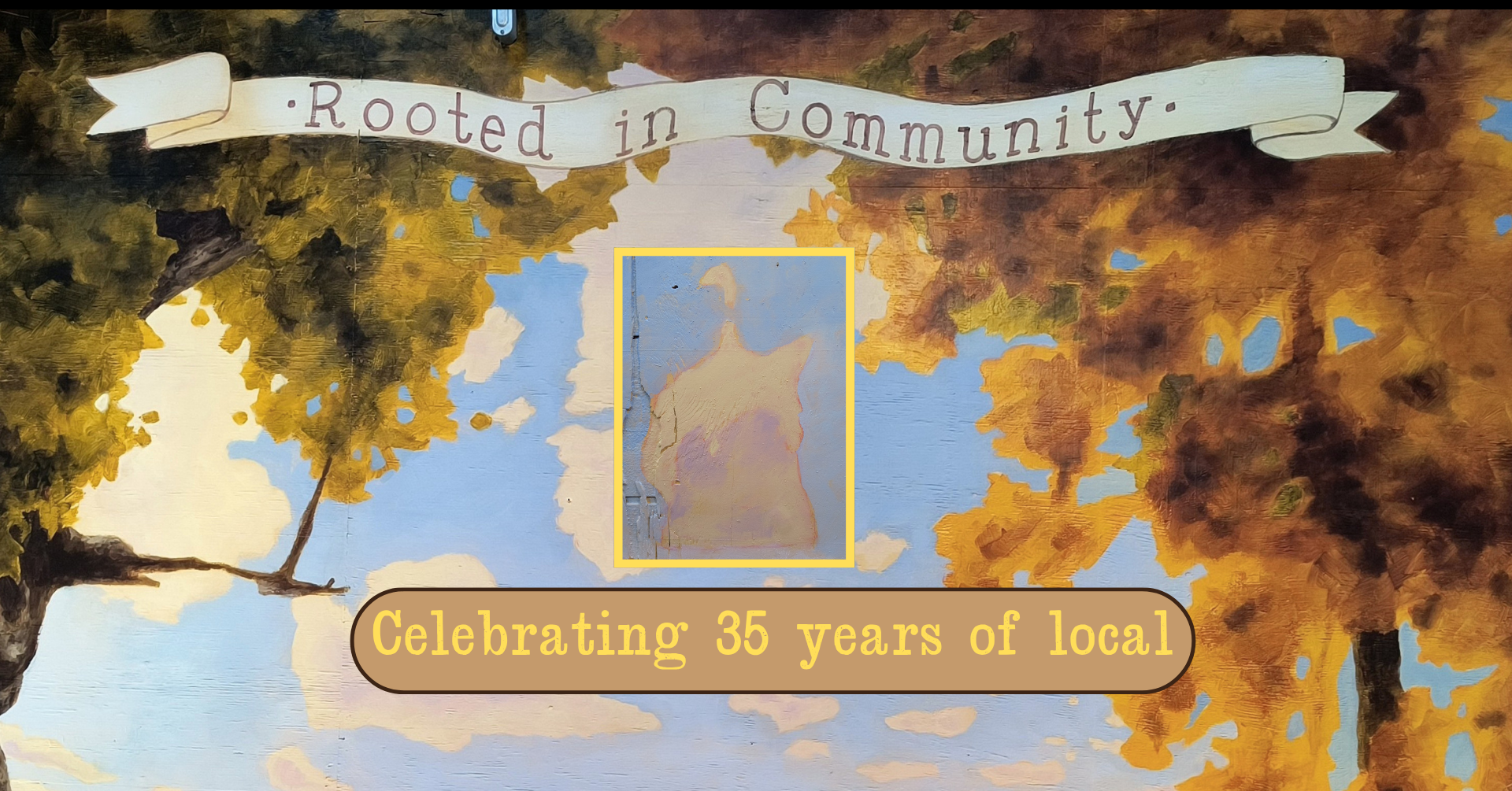 graphic from Farmers' Market mural, banner reads "Rooted in Community"