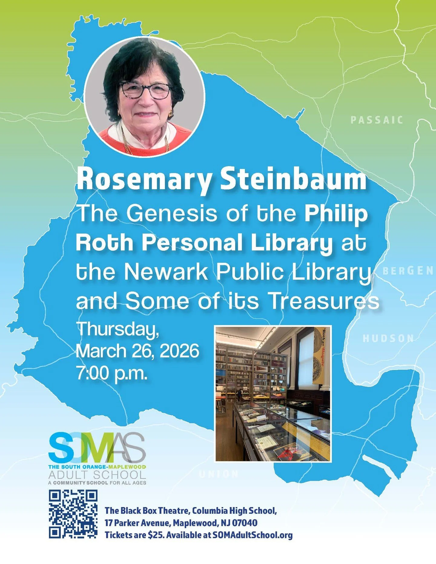 Newark Public Library Board of Trustees Vice President, Rosemary Steinbaum, will be giving a lecture on The Genesis of the Philip Roth Personal Library and some of its treasures, as part of a six-part lecture series exploring Essex County's rich hist