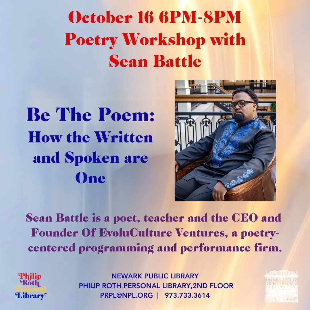 Please join us next Thursday 10/16 for a poetry workshop featuring @poetseanbattle 

This workshop is free and open to the public. Registration is not required.

#newarknj #newarkpubliclibrary #workshops #poetry #poetryworkshop #poetrywriting #writin