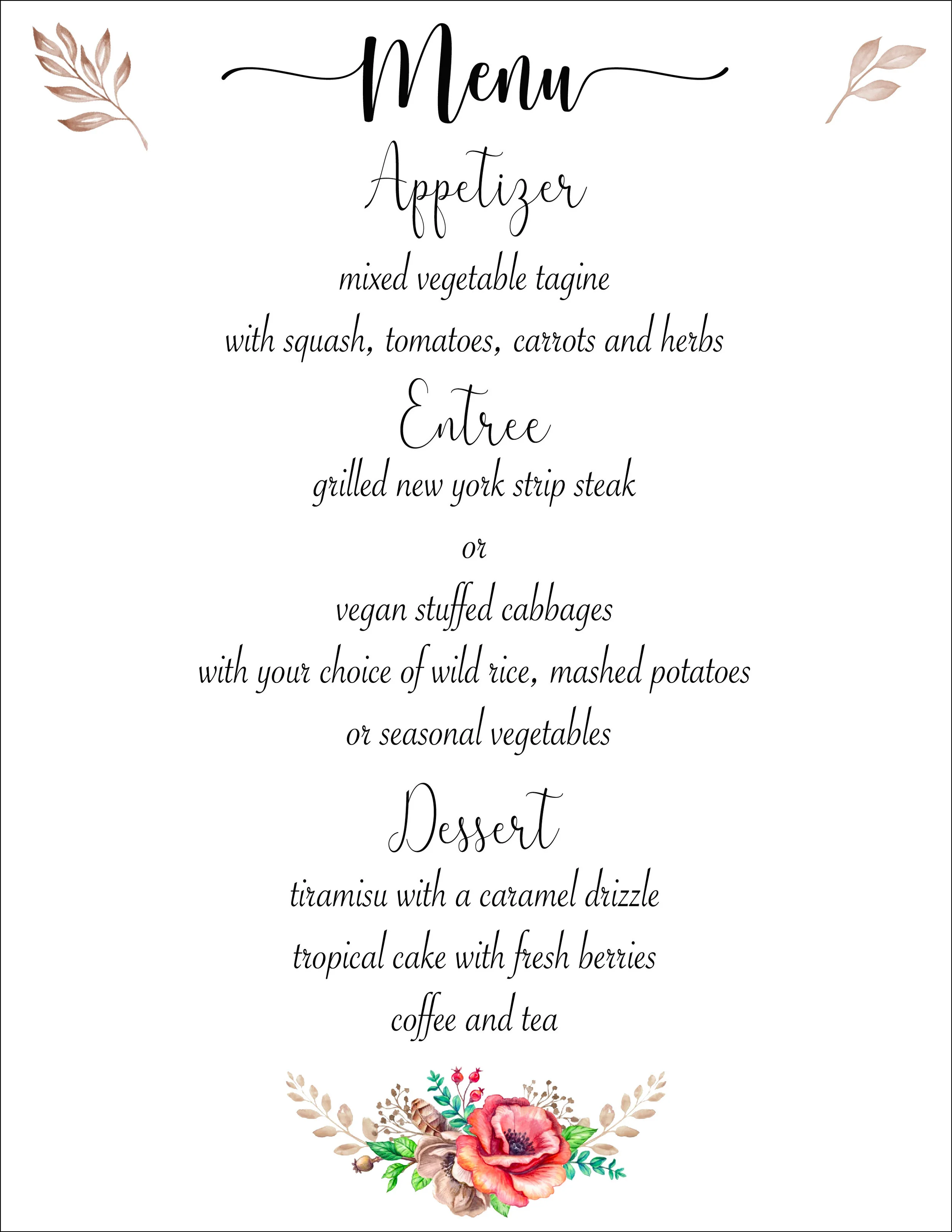 Personalized Wedding Meal Menu