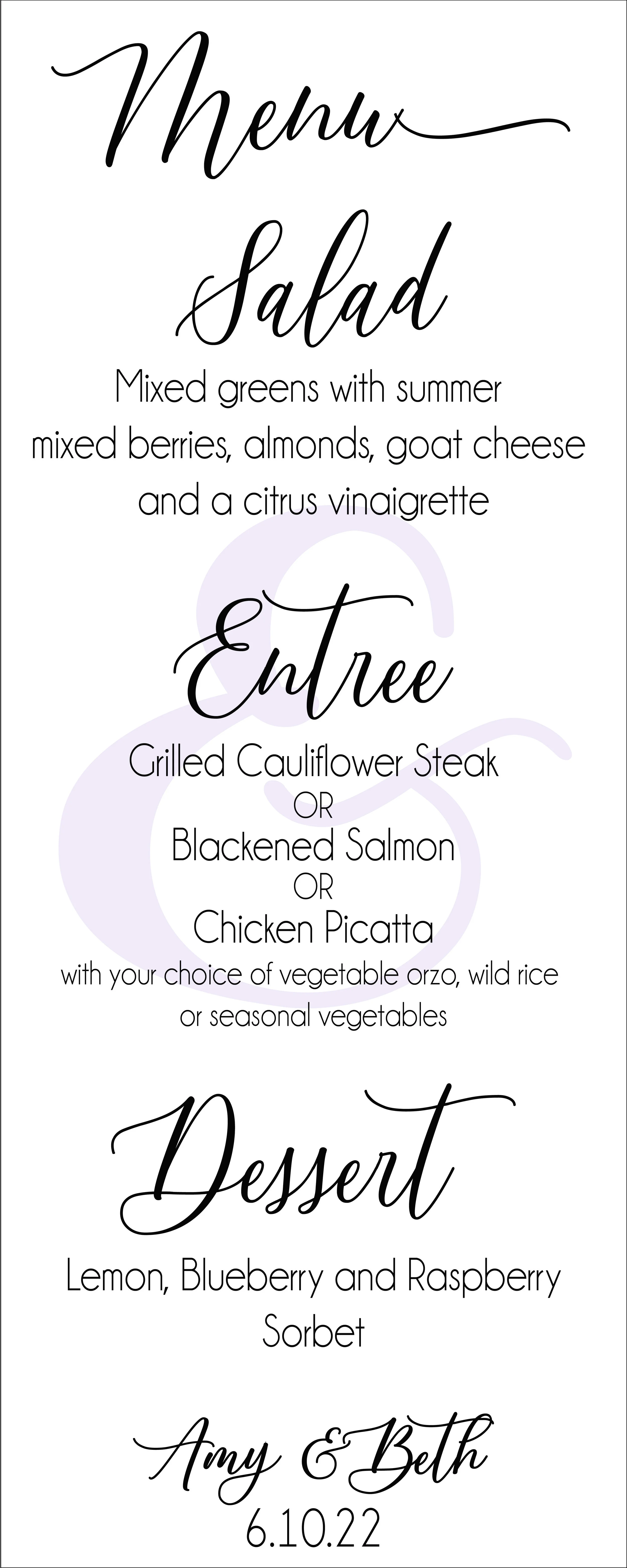 Personalized Wedding Meal Menu