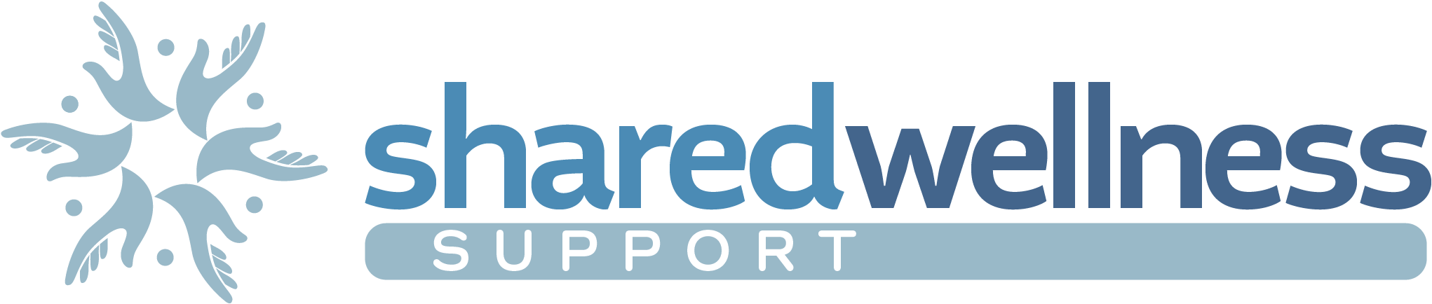 Shared Wellness Support logo with stylized hands forming a circular pattern and text in blue.