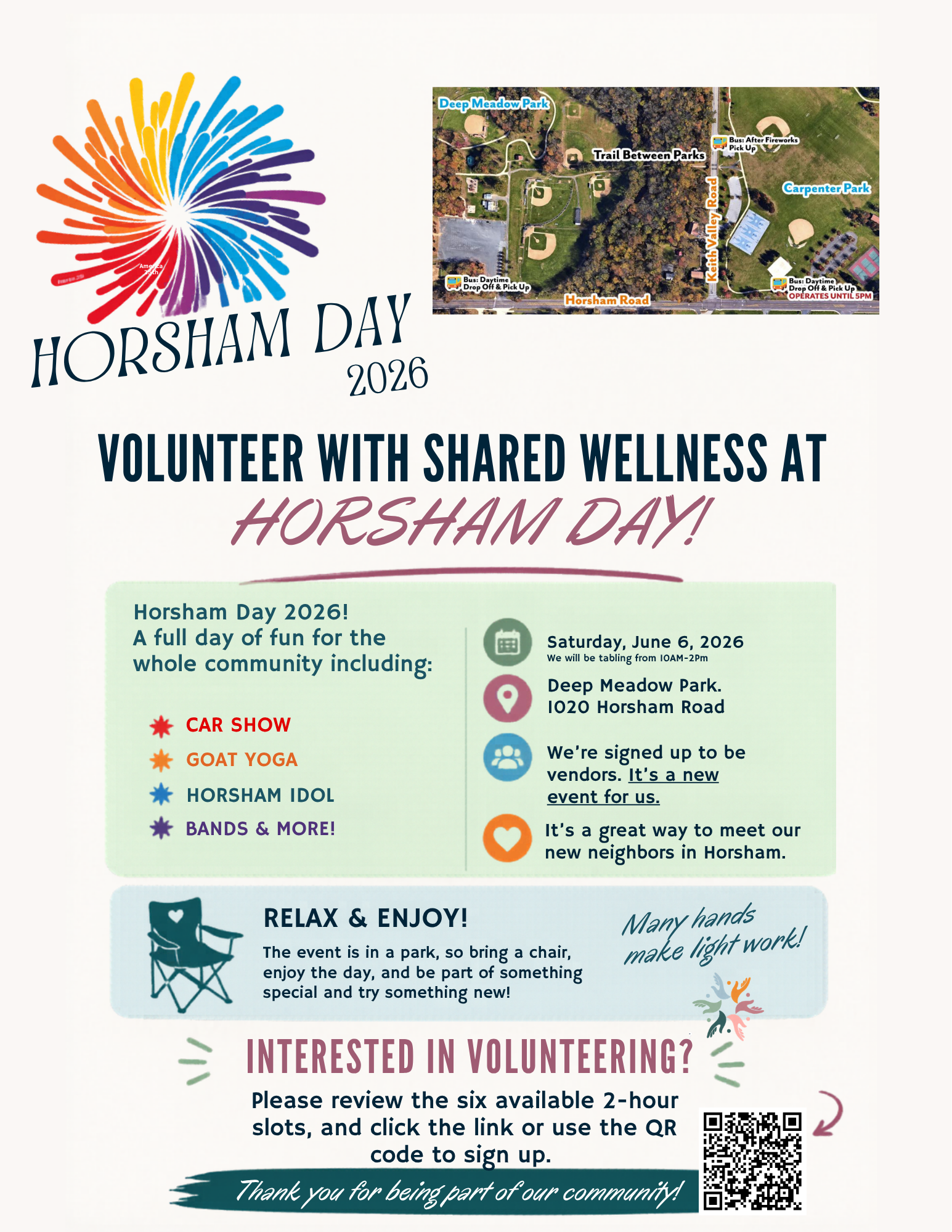 Flyer for Horsham Day 2026, featuring colorful fireworks graphic, event date Saturday, June 6, 2026, location Deep Meadow Park at 1020 Horsham Road, with activities like car show, goat yoga, bands, and more. Includes map of park and QR code for volunteering sign-up.