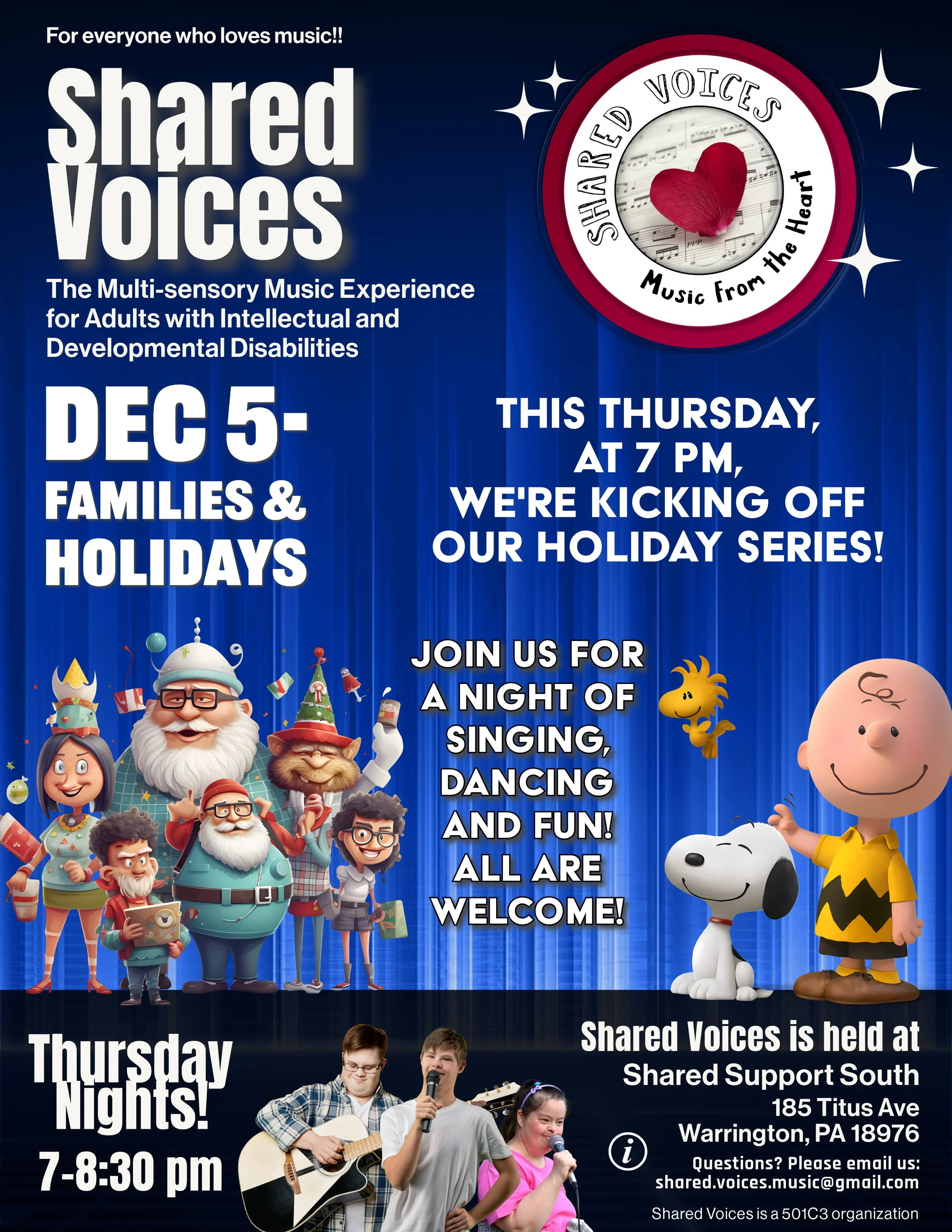 Shared Voices event poster featuring cartoon holiday characters, promoting a multi-sensory music experience for adults with disabilities. Held at Shared Support South in Warrington, PA on December 5, from 7-8:30 PM. Includes images of people playing guitar and singing.