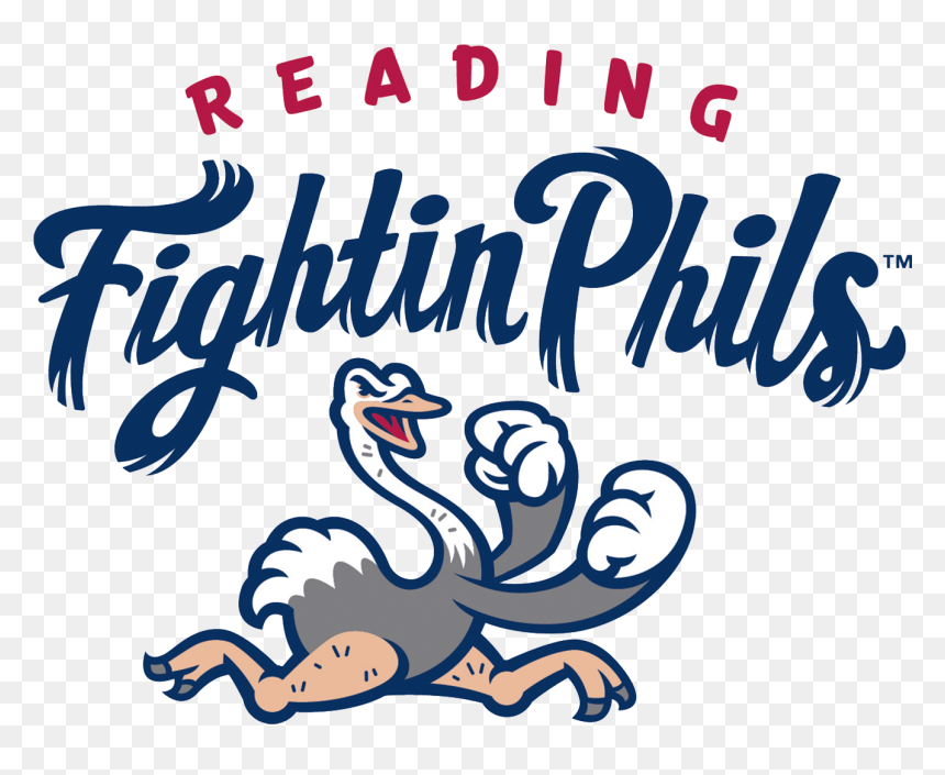 A cartoon fighting turkey mascot with raised fists, captioned 'Reading Fightin Phils' with the word 'Reading' in red and 'Fightin Phils' in blue.