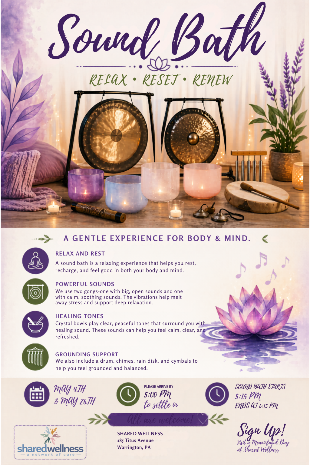 Poster advertising sound bath sessions with images of singing bowls, gongs, chimes, and candles on a table, surrounded by calming decor and purple flowers.